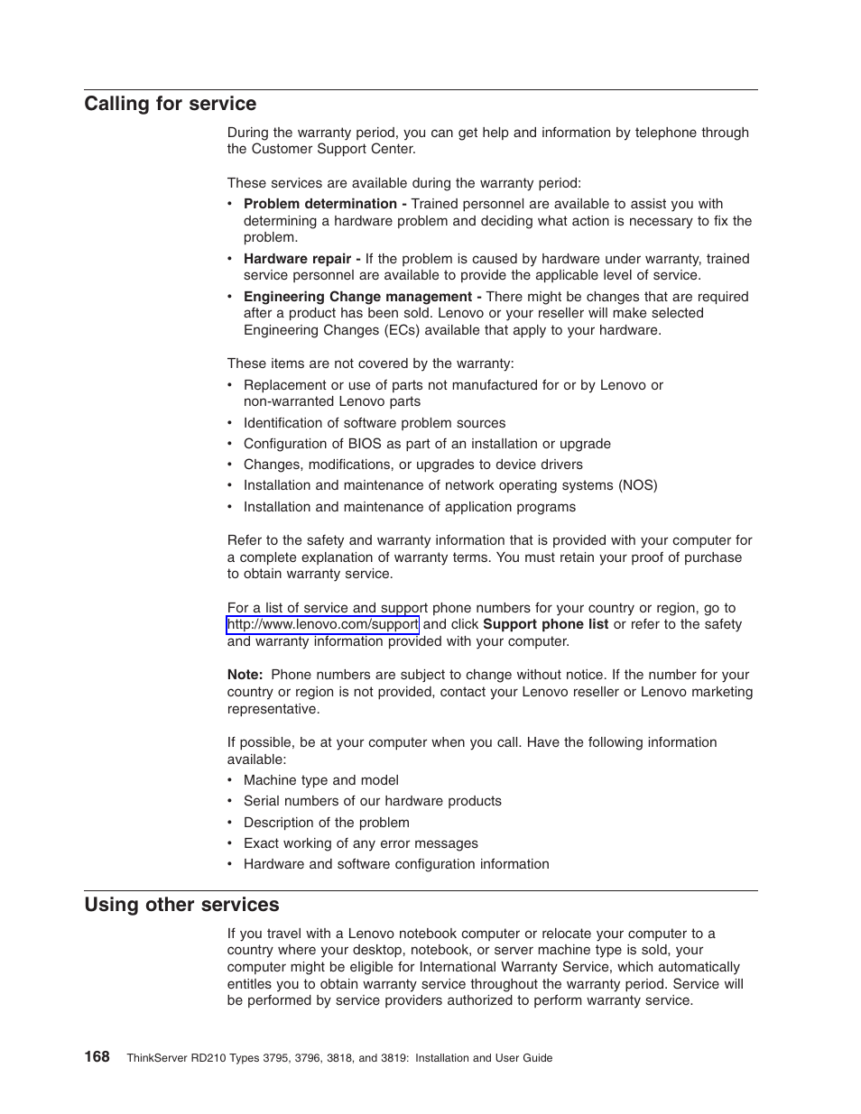 Calling for service, Using other services, Calling | Service, Using, Other, Services | Lenovo RD210 User Manual | Page 184 / 204