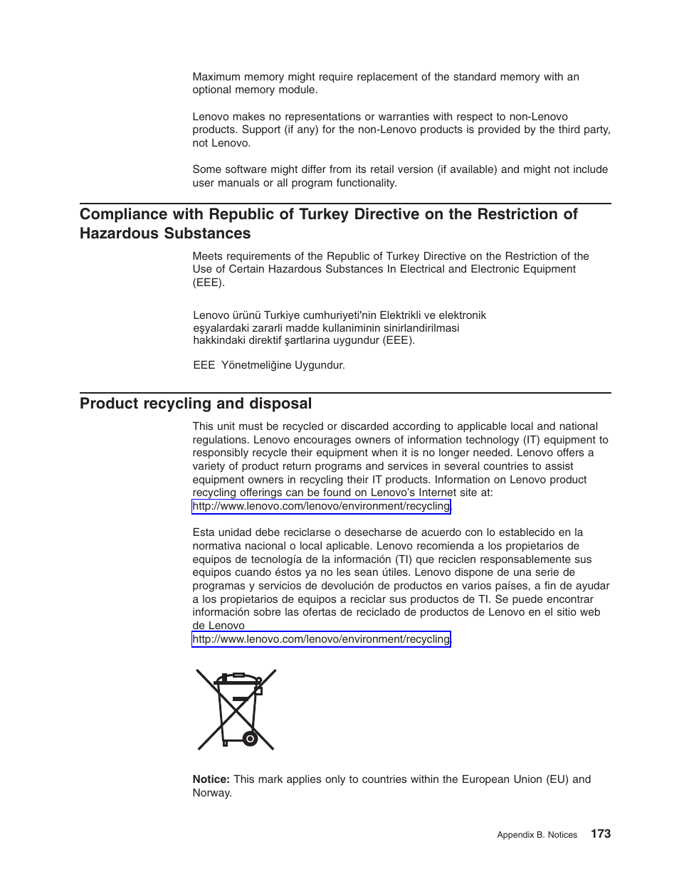 Product recycling and disposal, Compliance, With | Republic, Turkey, Directive, Restriction, Hazardous, Substances, Product | Lenovo RD210 User Manual | Page 189 / 204