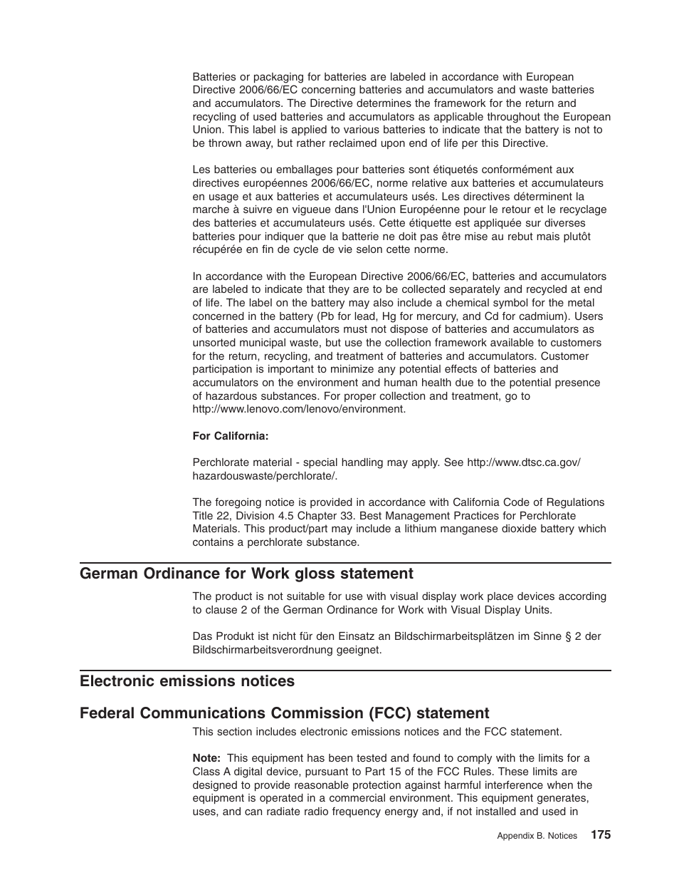 German ordinance for work gloss statement, Electronic emissions notices, Federal communications commission (fcc) statement | German, Ordinance, Work, Gloss, Statement, Electronic, Emissions | Lenovo RD210 User Manual | Page 191 / 204