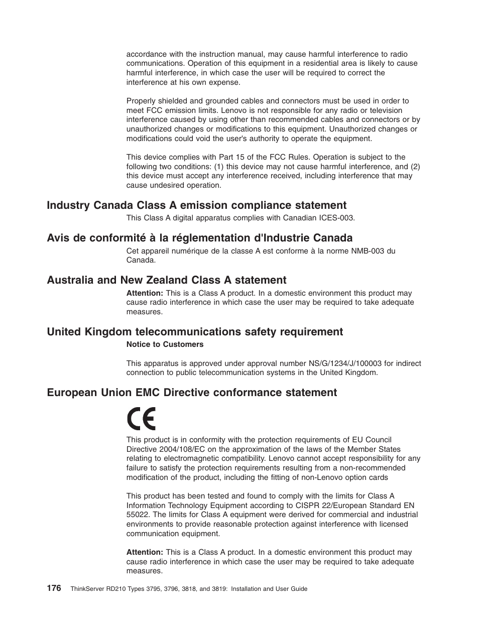 Australia and new zealand class a statement, European union emc directive conformance statement, Industry | Canada, Class, Emission, Compliance, Statement, Avis, Conformité | Lenovo RD210 User Manual | Page 192 / 204