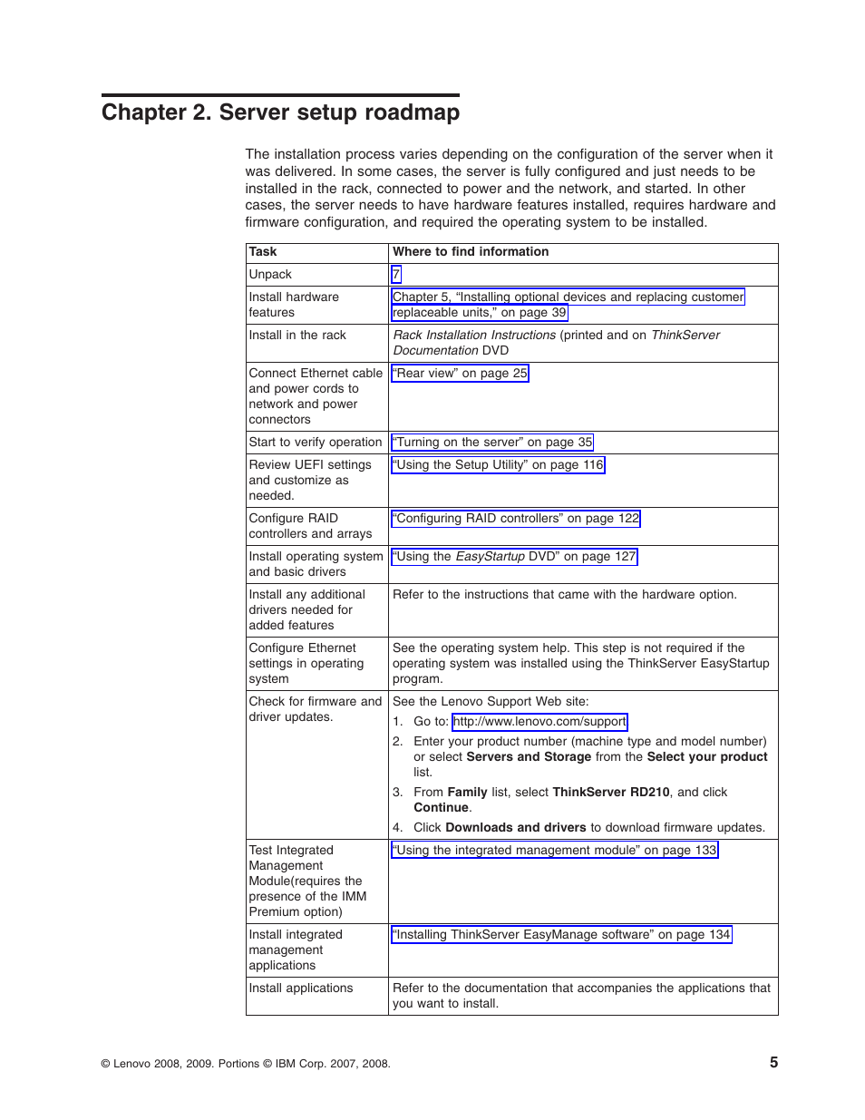 Chapter 2. server setup roadmap, Chapter, Server | Setup, Roadmap | Lenovo RD210 User Manual | Page 21 / 204