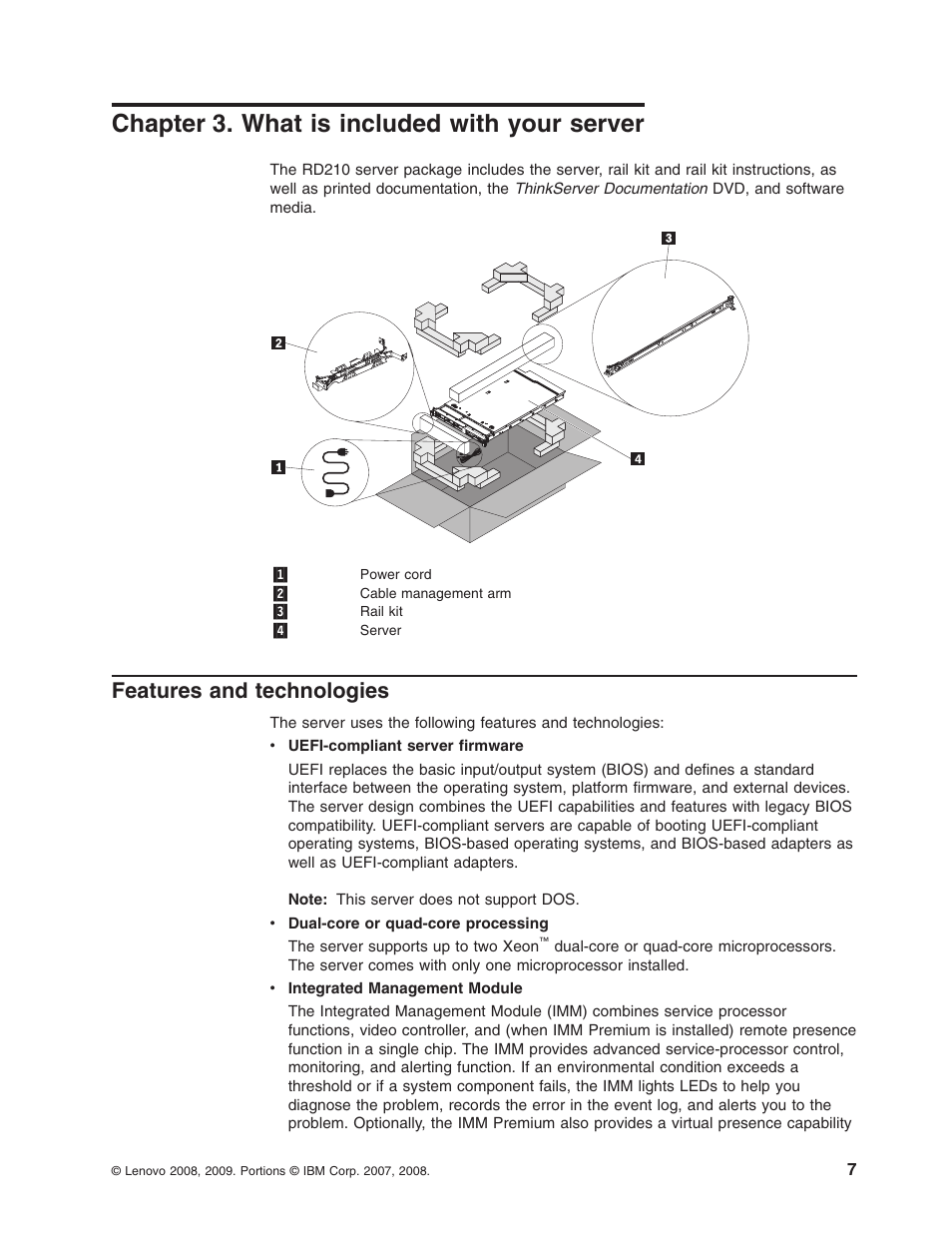 Chapter 3. what is included with your server, Features and technologies, Chapter | What, Included, With, Your, Server, Features, Technologies | Lenovo RD210 User Manual | Page 23 / 204