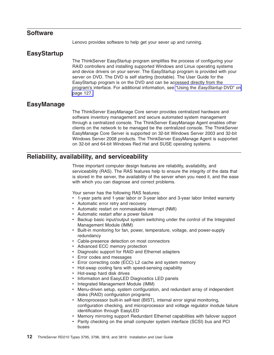 Software, Easystartup, Easymanage | Reliability, availability, and serviceability, Reliability, Availability, Serviceability | Lenovo RD210 User Manual | Page 28 / 204