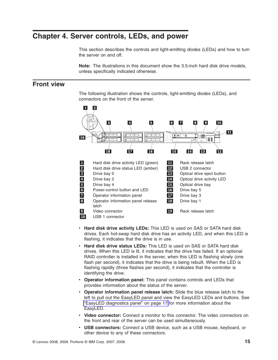 Chapter 4. server controls, leds, and power, Front view, Chapter | Server, Controls, Leds, Power, Front, View | Lenovo RD210 User Manual | Page 31 / 204