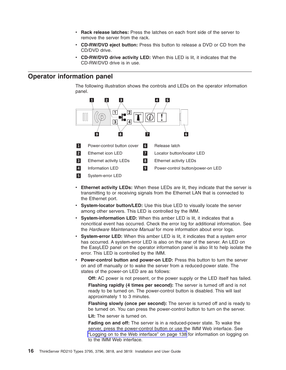 Operator information panel, Operator, Information | Panel | Lenovo RD210 User Manual | Page 32 / 204