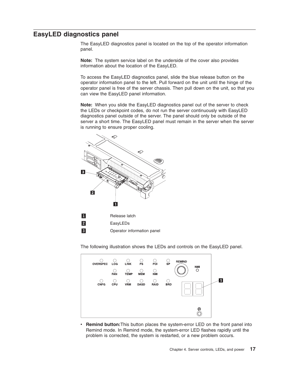 Easyled diagnostics panel, Easyled, Diagnostics | Panel | Lenovo RD210 User Manual | Page 33 / 204