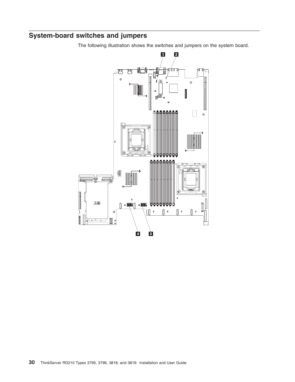 System-board switches and jumpers, System-board, Switches | Jumpers | Lenovo RD210 User Manual | Page 46 / 204