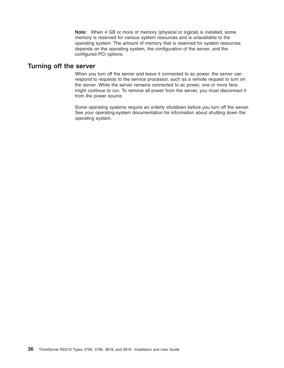 Turning off the server, Turning, Server | Lenovo RD210 User Manual | Page 52 / 204
