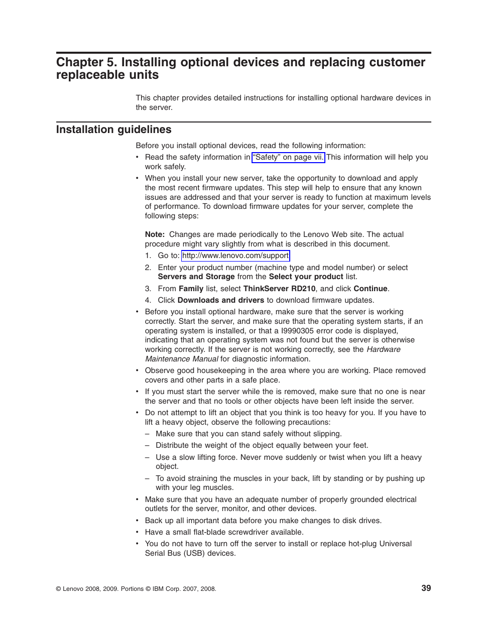 Installation guidelines, Chapter, Installing | Optional, Devices, Replacing, Customer, Replaceable, Units, Installation | Lenovo RD210 User Manual | Page 55 / 204