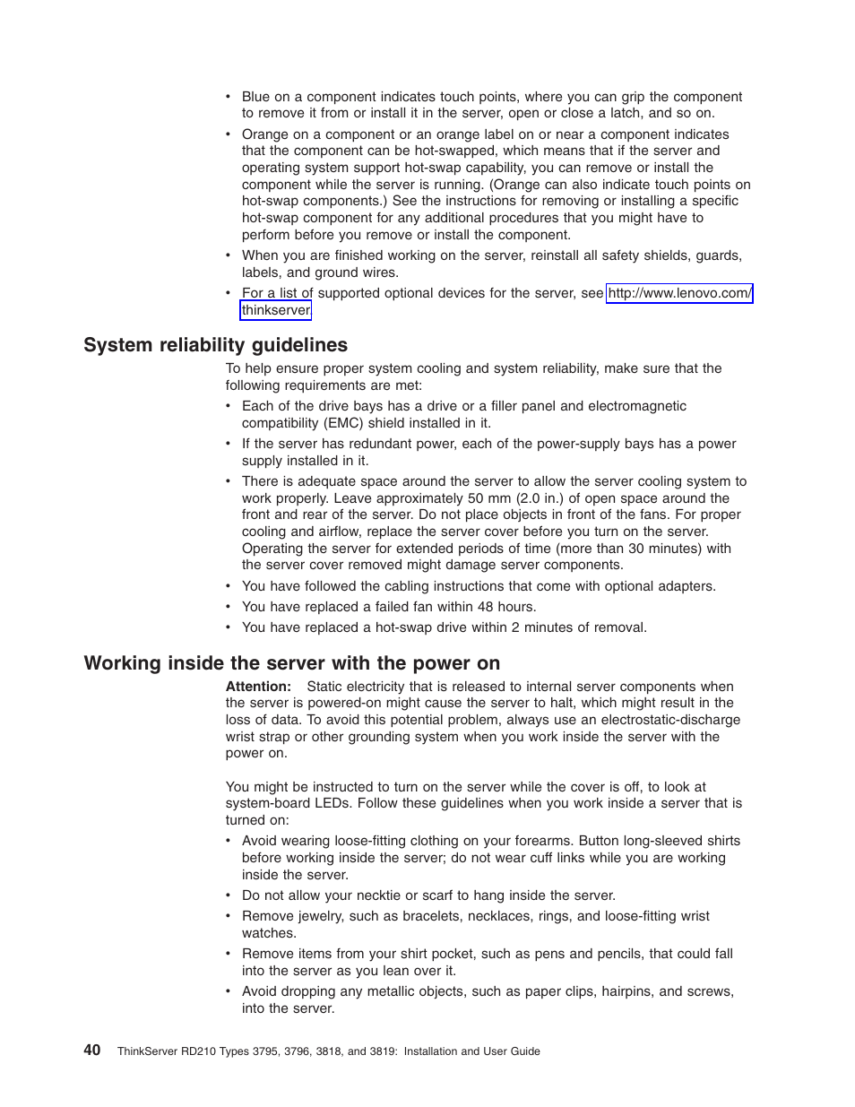 System reliability guidelines, Working inside the server with the power on, System | Reliability, Guidelines, Working, Inside, Server, With, Power | Lenovo RD210 User Manual | Page 56 / 204