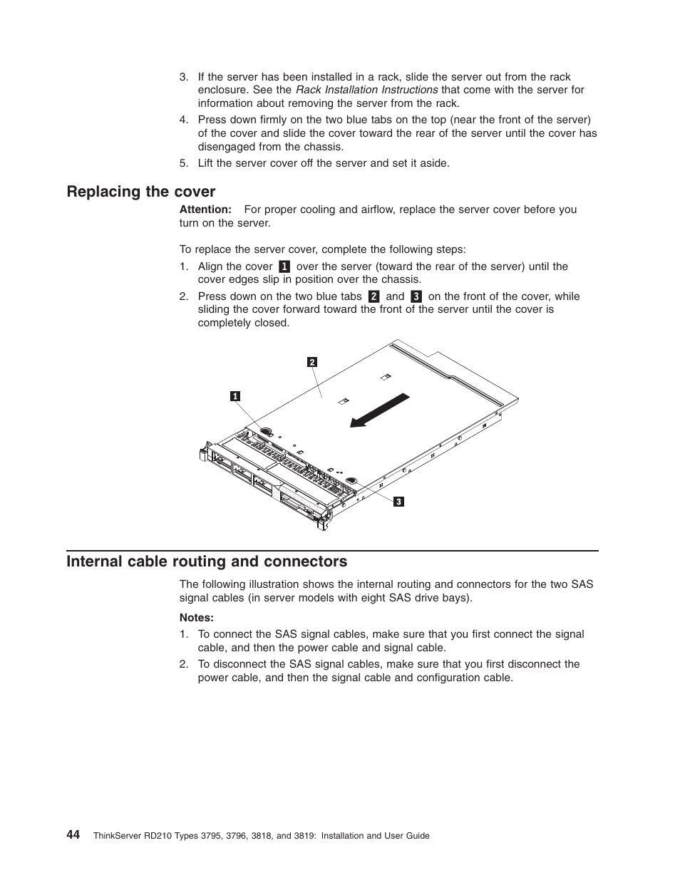 Replacing the cover, Internal cable routing and connectors, Replacing | Cover, Internal, Cable, Routing, Connectors | Lenovo RD210 User Manual | Page 60 / 204