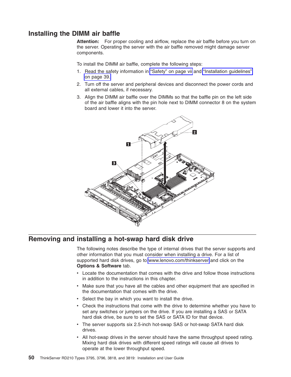 Installing the dimm air baffle, Removing and installing a hot-swap hard disk drive, Installing | Dimm, Baffle, Removing, Hot-swap, Hard, Disk, Drive | Lenovo RD210 User Manual | Page 66 / 204
