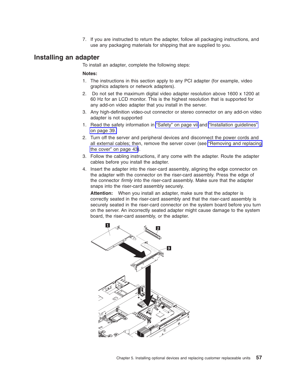 Installing an adapter, Installing, Adapter | Lenovo RD210 User Manual | Page 73 / 204