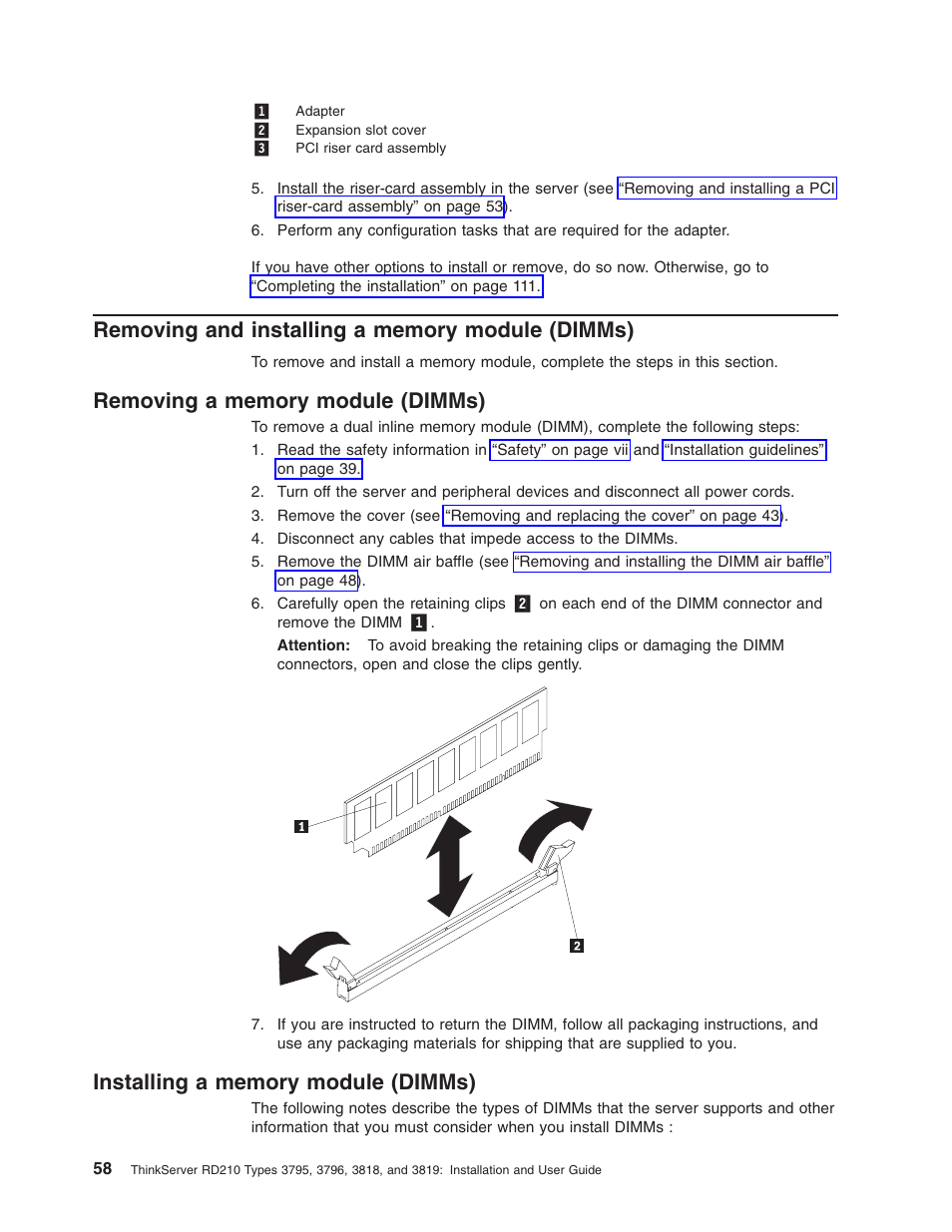Removing and installing a memory module (dimms), Removing a memory module (dimms), Installing a memory module (dimms) | Removing, Installing, Memory, Module, Dimms) | Lenovo RD210 User Manual | Page 74 / 204