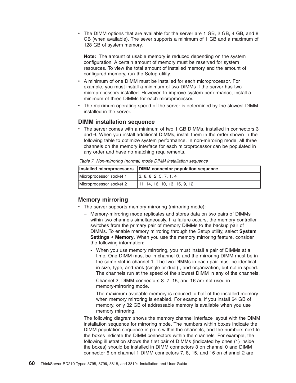 Dimm installation sequence, Memory mirroring, Dimm | Installation, Sequence, Mirroring | Lenovo RD210 User Manual | Page 76 / 204