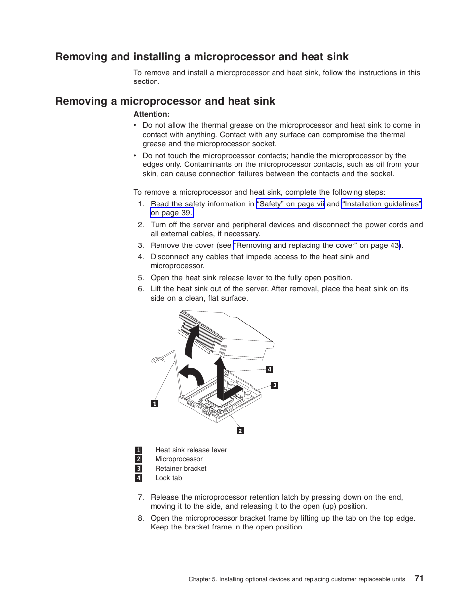 Removing a microprocessor and heat sink, Removing, Installing | Microprocessor, Heat, Sink | Lenovo RD210 User Manual | Page 87 / 204
