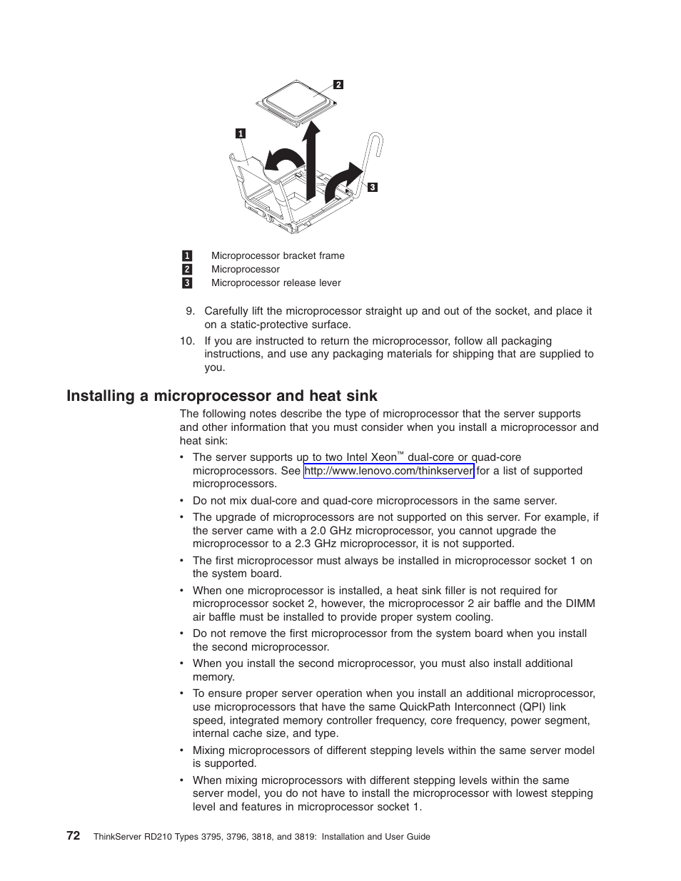 Installing a microprocessor and heat sink, Installing, Microprocessor | Heat, Sink | Lenovo RD210 User Manual | Page 88 / 204