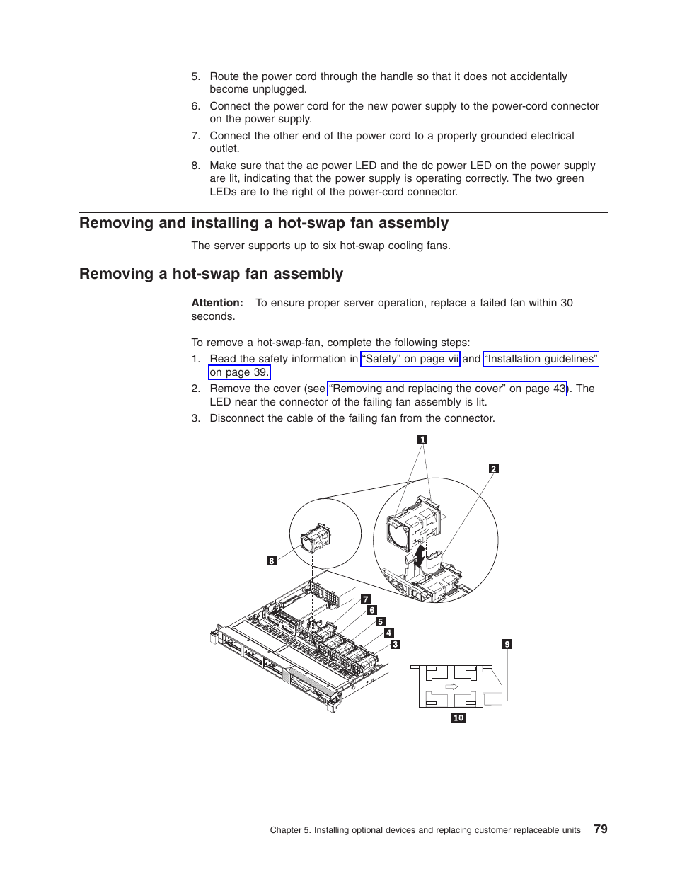 Removing and installing a hot-swap fan assembly, Removing a hot-swap fan assembly, Removing | Installing, Hot-swap, Assembly | Lenovo RD210 User Manual | Page 95 / 204