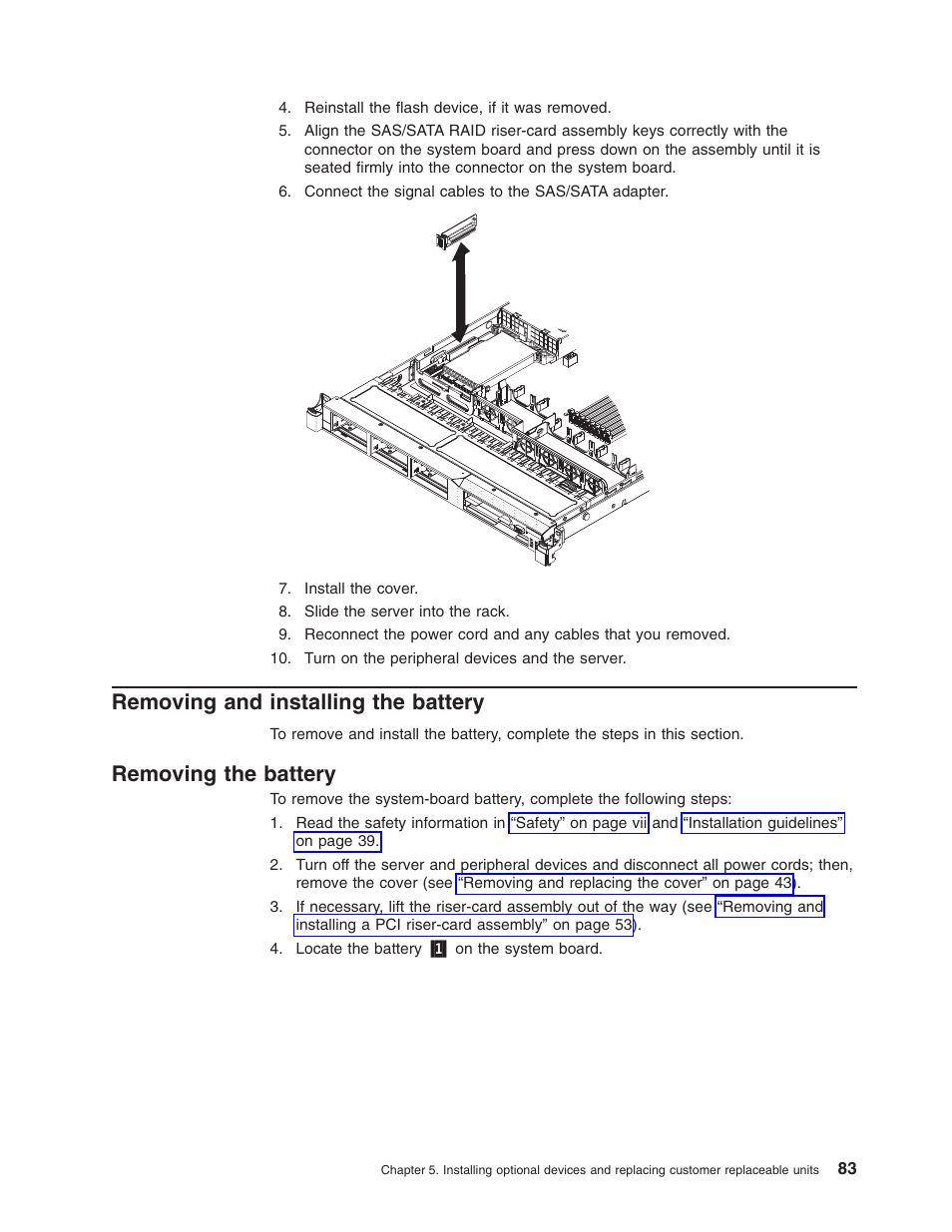 Removing and installing the battery, Removing the battery, Removing | Installing, Battery | Lenovo RD210 User Manual | Page 99 / 204