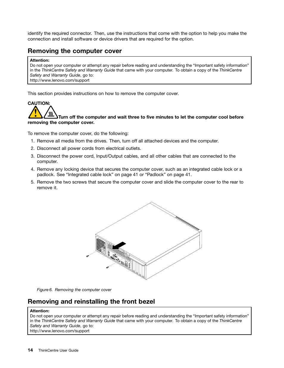 Removing the computer cover, Removing and reinstalling the front bezel | Lenovo 5046 User Manual | Page 22 / 82