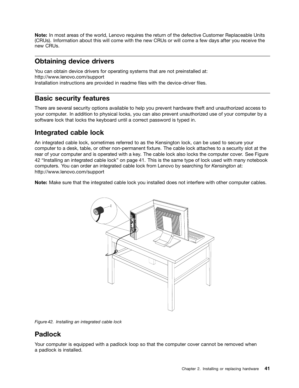 Obtaining device drivers, Basic security features, Integrated cable lock | Padlock, Integrated cable lock” on | Lenovo 5046 User Manual | Page 49 / 82