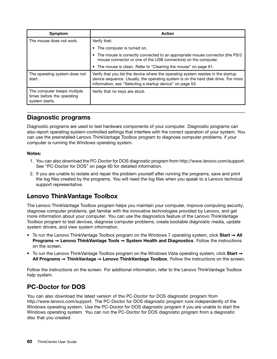 Diagnostic programs, Lenovo thinkvantage toolbox, Pc-doctor for dos | Lenovo 5046 User Manual | Page 68 / 82