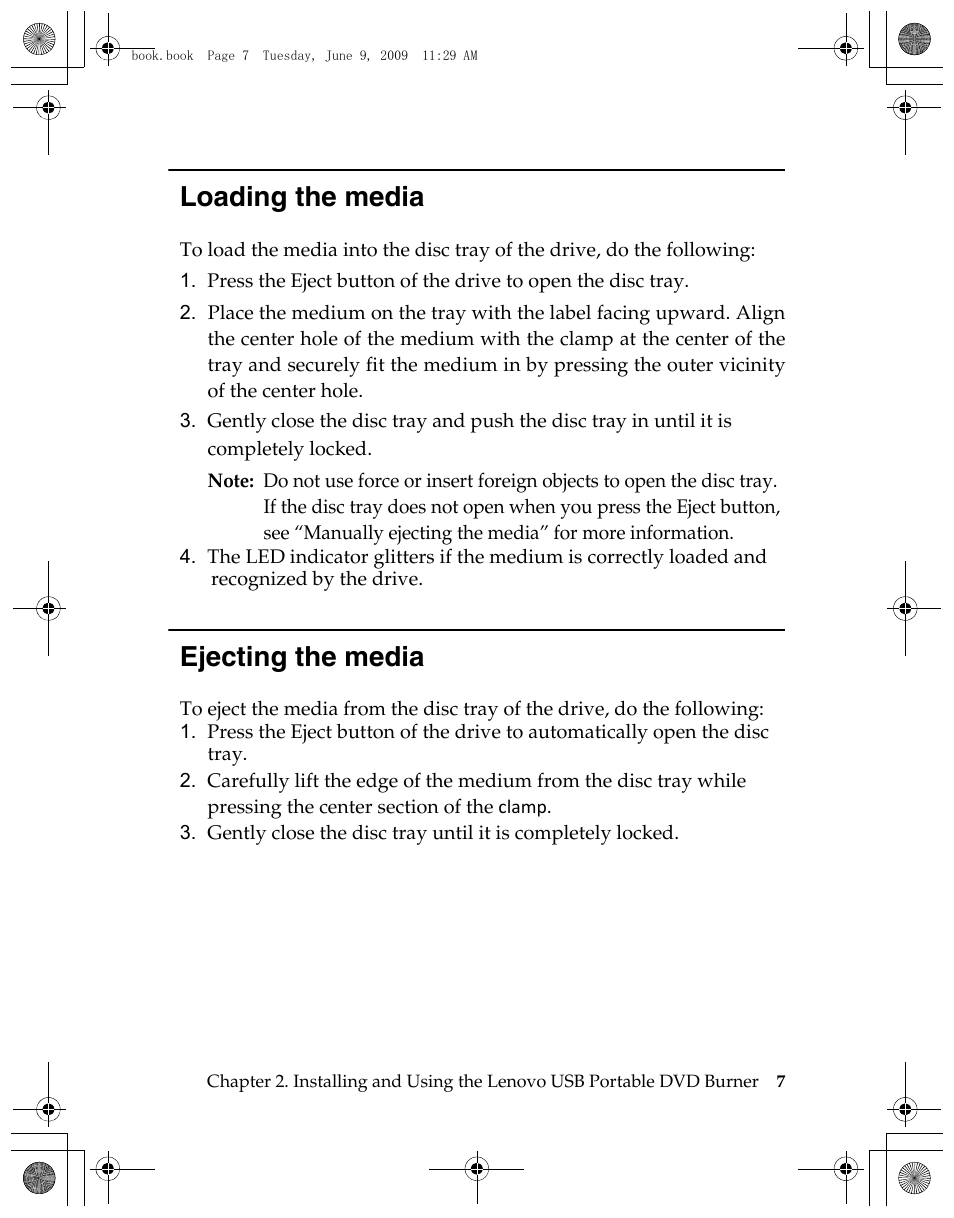 Loading the media, Ejecting the media | Lenovo GP20N User Manual | Page 21 / 42