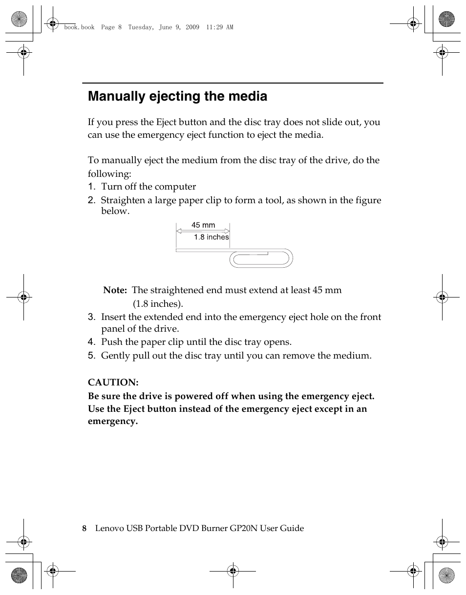 Manually ejecting the media | Lenovo GP20N User Manual | Page 22 / 42