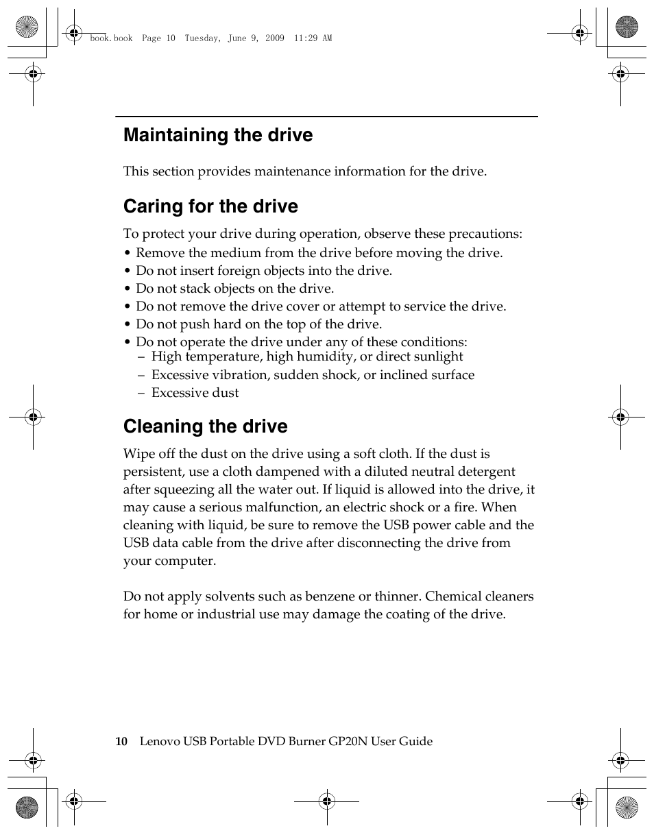 Maintaining the drive, Caring for the drive, Cleaning the drive | Lenovo GP20N User Manual | Page 24 / 42