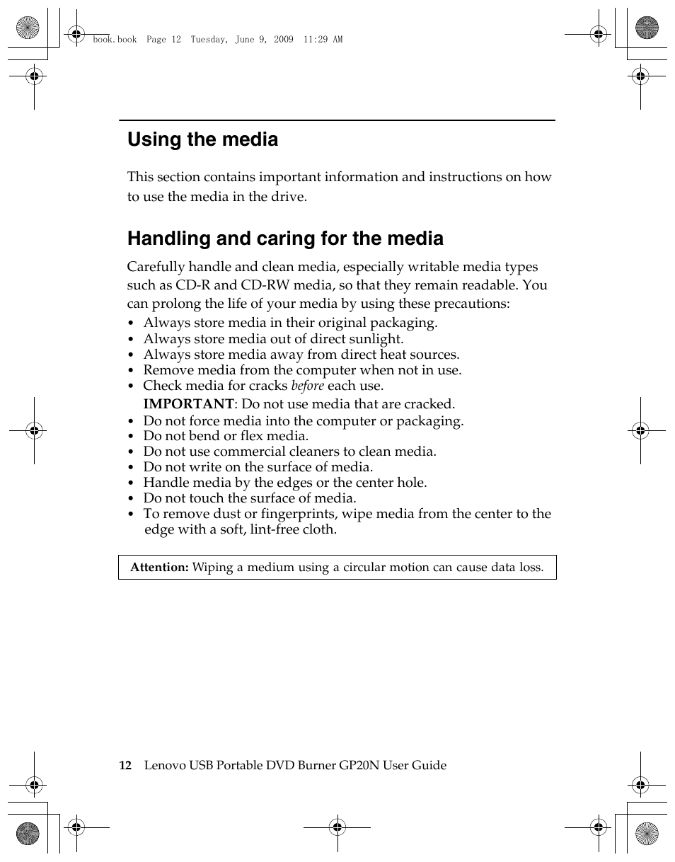 Using the media, Handling and caring for the media | Lenovo GP20N User Manual | Page 26 / 42