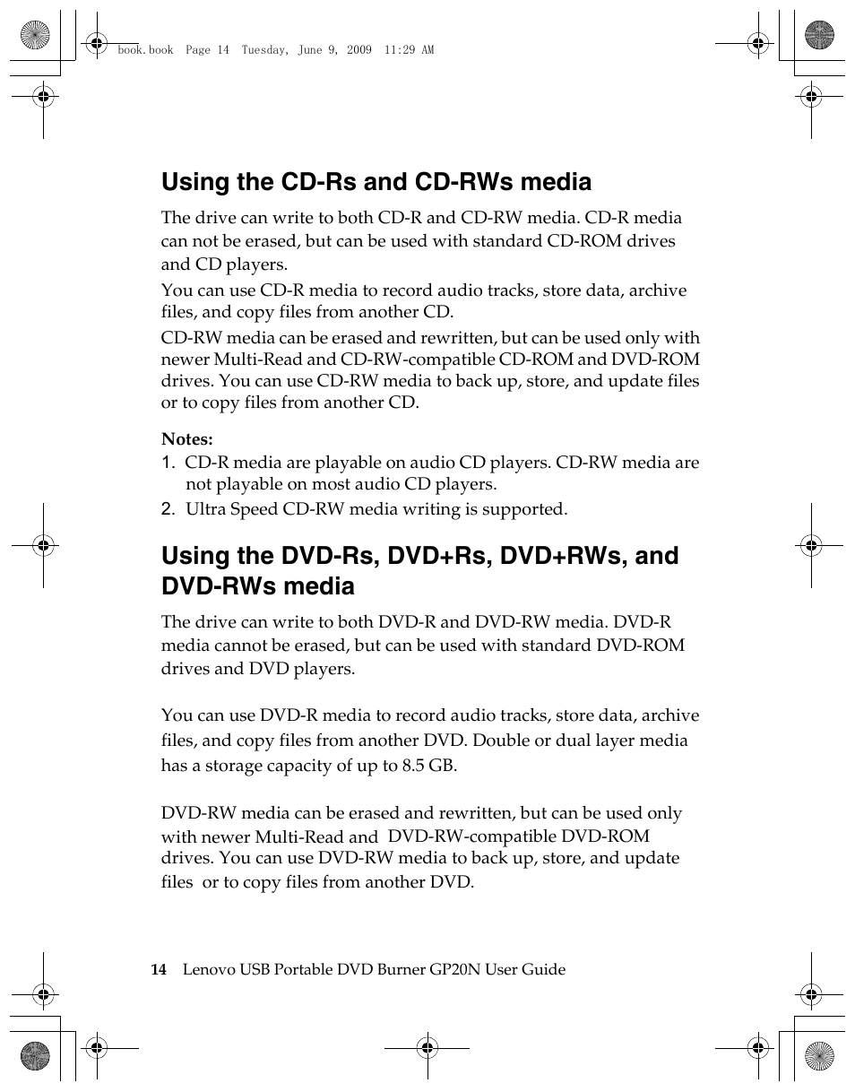 Using the cd-rs and cd-rws media | Lenovo GP20N User Manual | Page 28 / 42