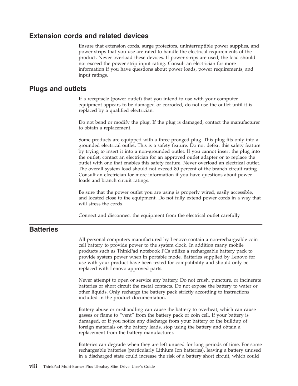 Extension cords and related devices, Plugs and outlets, Batteries | Extension, Cords, Related, Devices, Viii, Plugs, Outlets | Lenovo ThinkPad 41N5653 User Manual | Page 10 / 62