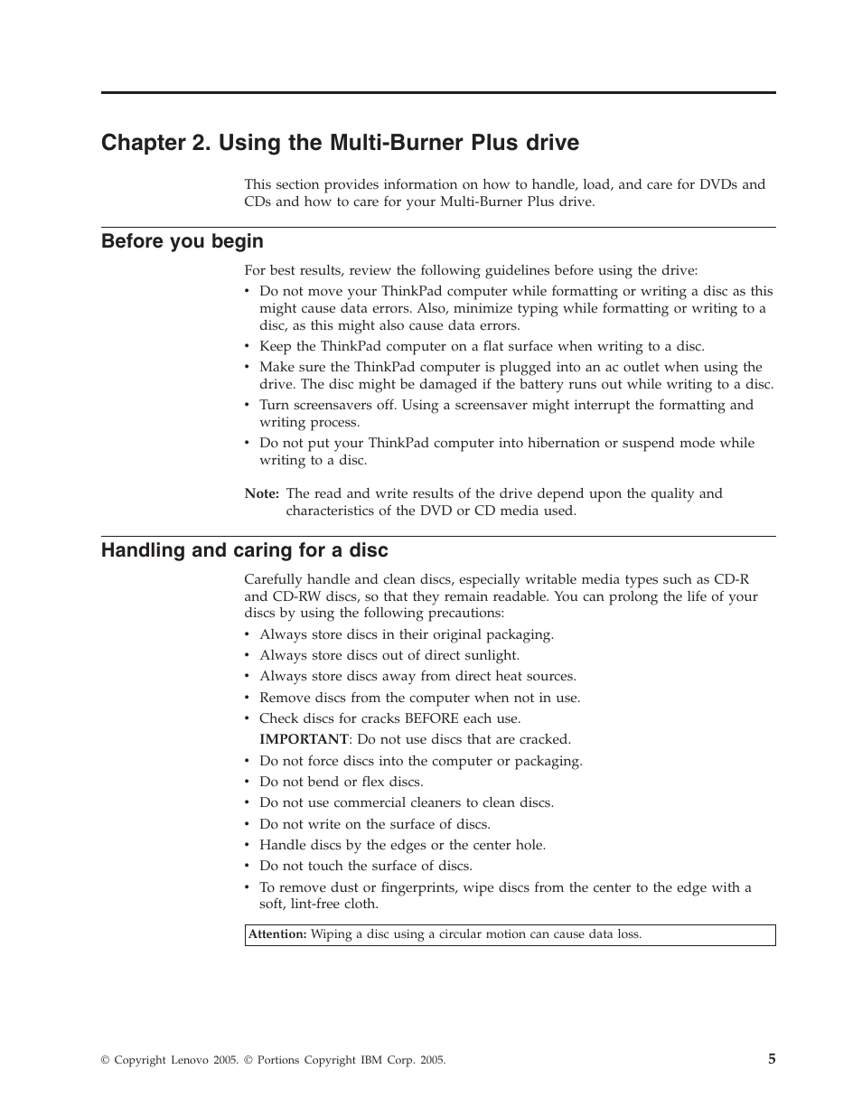 Chapter 2. using the multi-burner plus drive, Before you begin, Handling and caring for a disc | Chapter, Using, Multi-burner, Plus, Drive, Before, Begin | Lenovo ThinkPad 41N5653 User Manual | Page 19 / 62