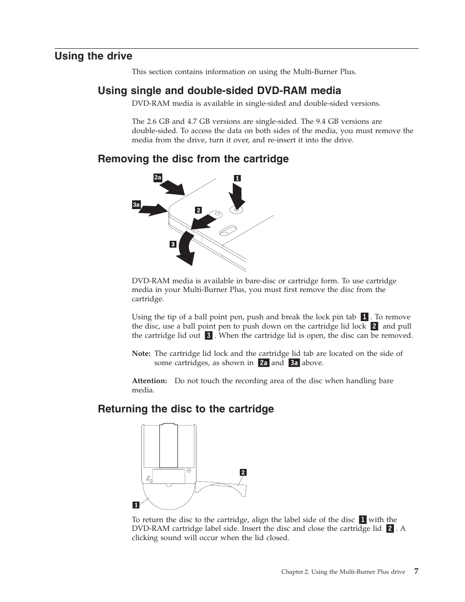 Using the drive, Using single and double-sided dvd-ram media, Removing the disc from the cartridge | Returning the disc to the cartridge, Using, Drive, Single, Double-sided, Dvd-ram, Media | Lenovo ThinkPad 41N5653 User Manual | Page 21 / 62