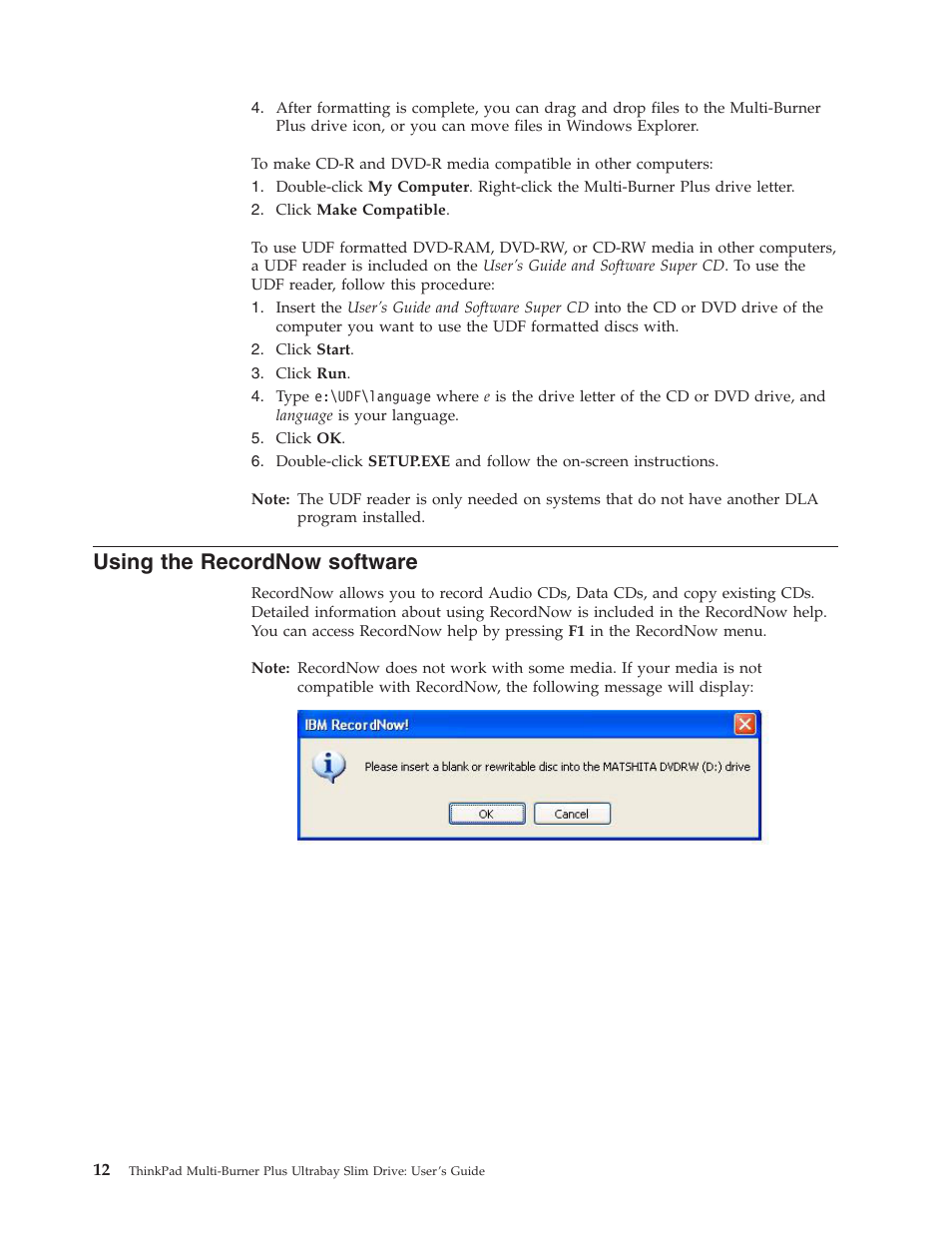 Using the recordnow software, Using, Recordnow | Software | Lenovo ThinkPad 41N5653 User Manual | Page 26 / 62