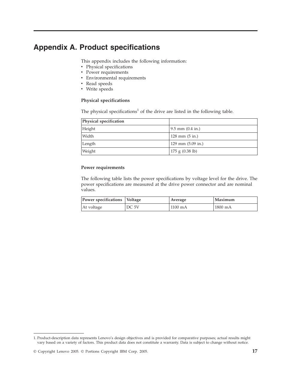 Appendix a. product specifications, Appendix, Product | Specifications | Lenovo ThinkPad 41N5653 User Manual | Page 31 / 62