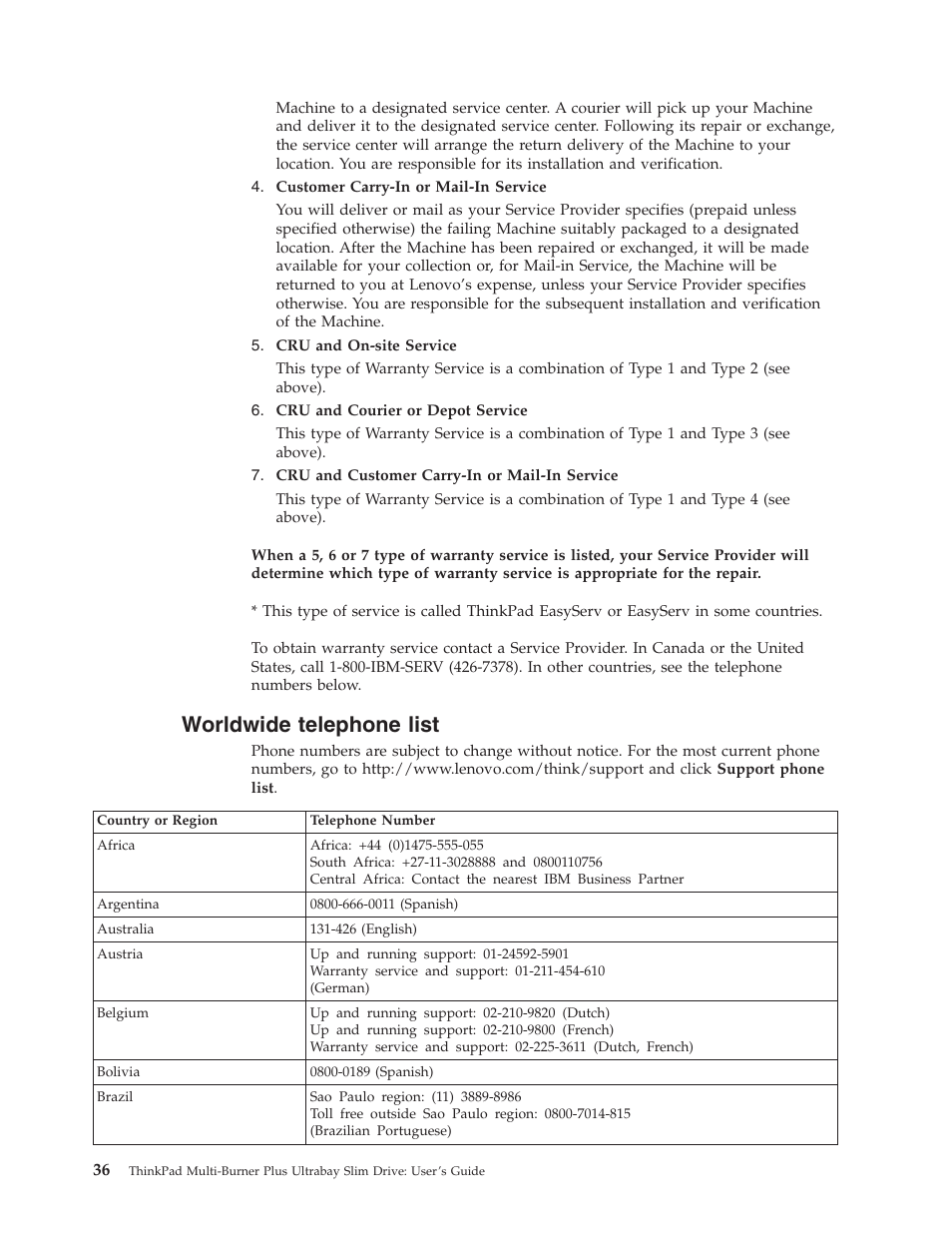 Worldwide telephone list, Worldwide, Telephone | List | Lenovo ThinkPad 41N5653 User Manual | Page 50 / 62