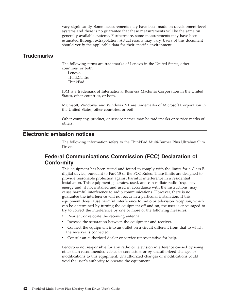 Trademarks, Electronic emission notices, Electronic | Emission, Notices, Federal, Communications, Commission, Fcc), Declaration | Lenovo ThinkPad 41N5653 User Manual | Page 56 / 62