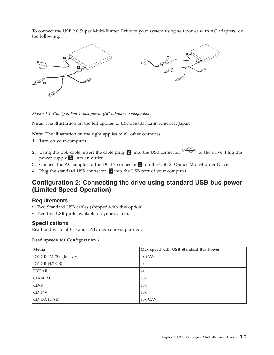 Requirements, Specifications, Configuration | Connecting, Drive, Using, Standard, Power, Limited, Speed | Lenovo 40Y8699 User Manual | Page 21 / 72