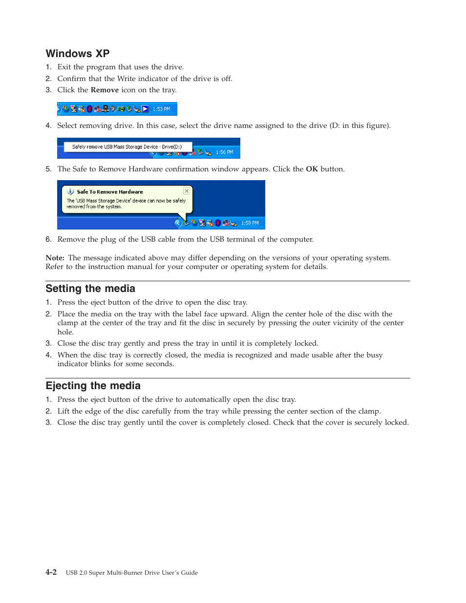 Windows xp, Setting the media, Ejecting the media | Windows, Setting, Media, Ejecting | Lenovo 40Y8699 User Manual | Page 28 / 72