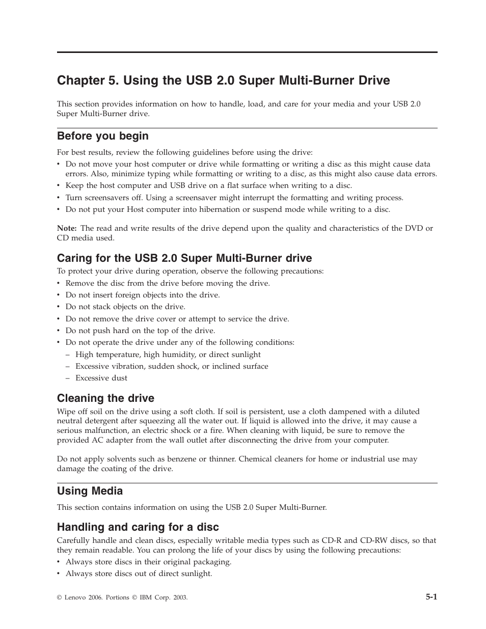 Before you begin, Caring for the usb 2.0 super multi-burner drive, Cleaning the drive | Using media, Handling and caring for a disc, Chapter, Using, Super, Multi-burner, Drive | Lenovo 40Y8699 User Manual | Page 29 / 72