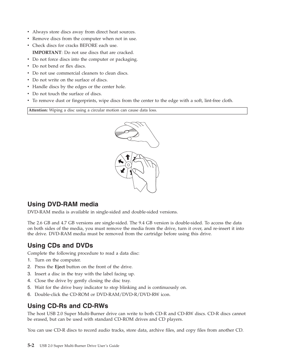 Using dvd-ram media, Using cds and dvds, Using cd-rs and cd-rws | Using, Dvd-ram, Media, Dvds, Cd-rs, Cd-rws | Lenovo 40Y8699 User Manual | Page 30 / 72