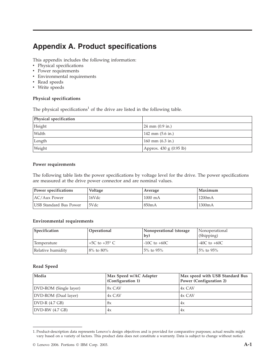 Appendix a. product specifications, Appendix, Product | Specifications | Lenovo 40Y8699 User Manual | Page 43 / 72