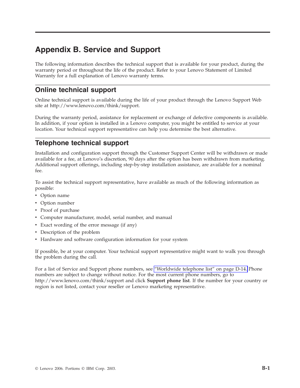 Appendix b. service and support, Online technical support, Telephone technical support | Appendix, Service, Support, Online, Technical, Telephone | Lenovo 40Y8699 User Manual | Page 45 / 72