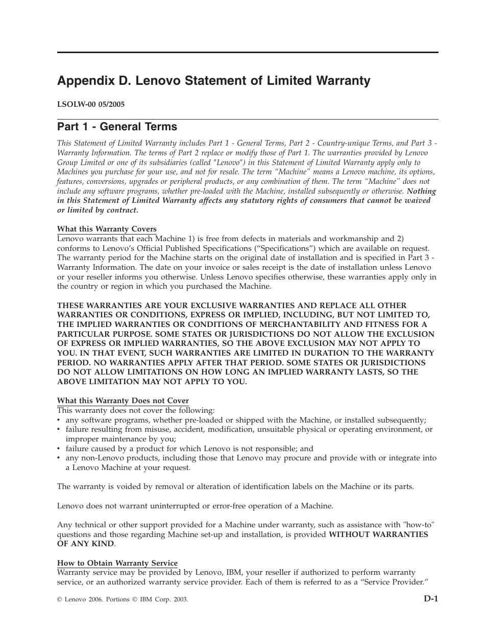 Appendix d. lenovo statement of limited warranty, Part 1 - general terms, Appendix | Lenovo, Statement, Limited, Warranty, Part, General, Terms | Lenovo 40Y8699 User Manual | Page 49 / 72