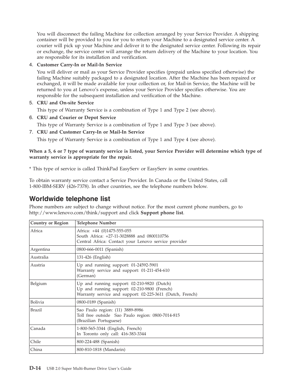 Worldwide telephone list, Worldwide, Telephone | List, D-14 | Lenovo 40Y8699 User Manual | Page 62 / 72