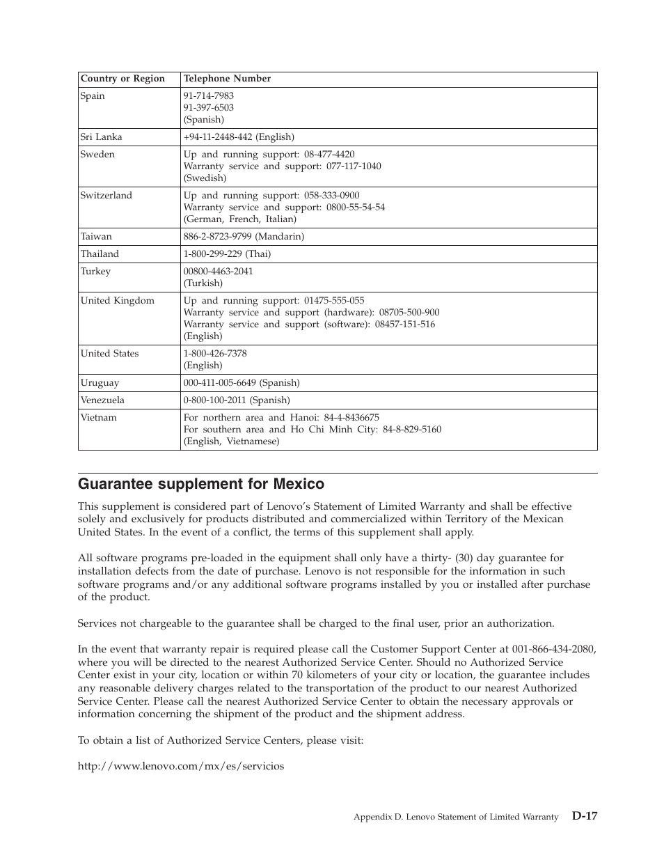 Guarantee supplement for mexico, Guarantee, Supplement | Mexico, D-17 | Lenovo 40Y8699 User Manual | Page 65 / 72