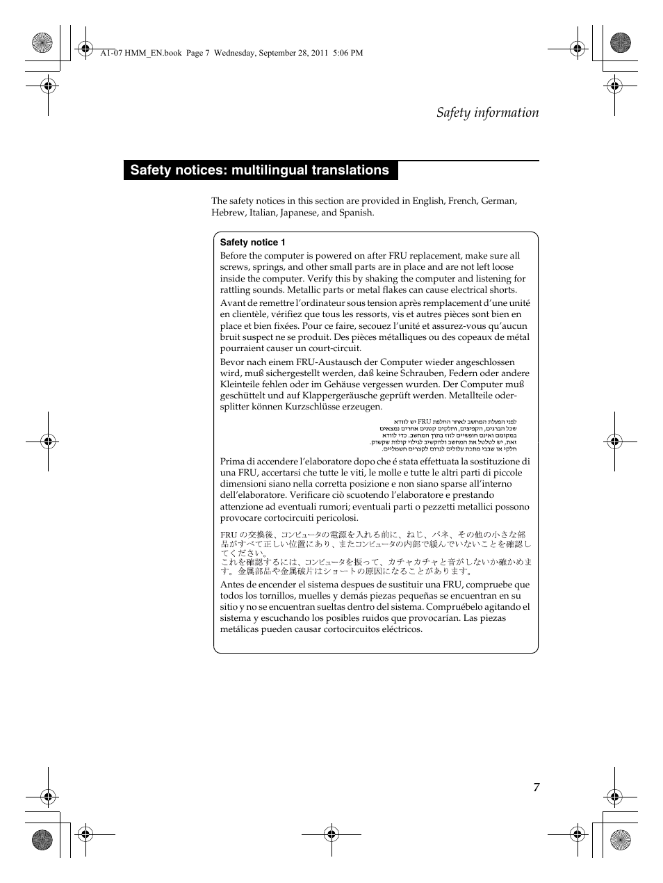 Safety information, Safety notices: multilingual translations | Lenovo A1-07 User Manual | Page 11 / 50
