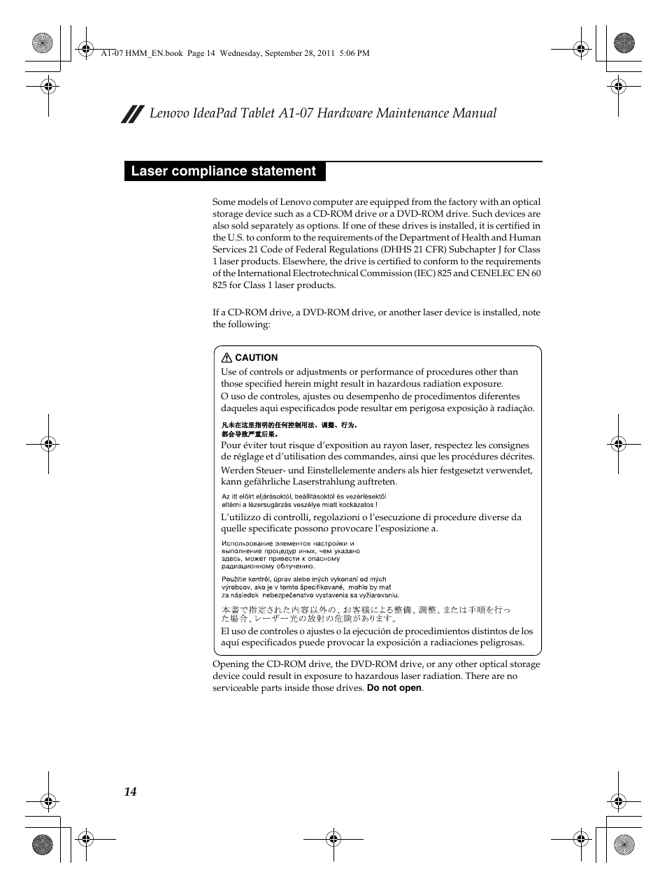 Laser compliance statement | Lenovo A1-07 User Manual | Page 18 / 50