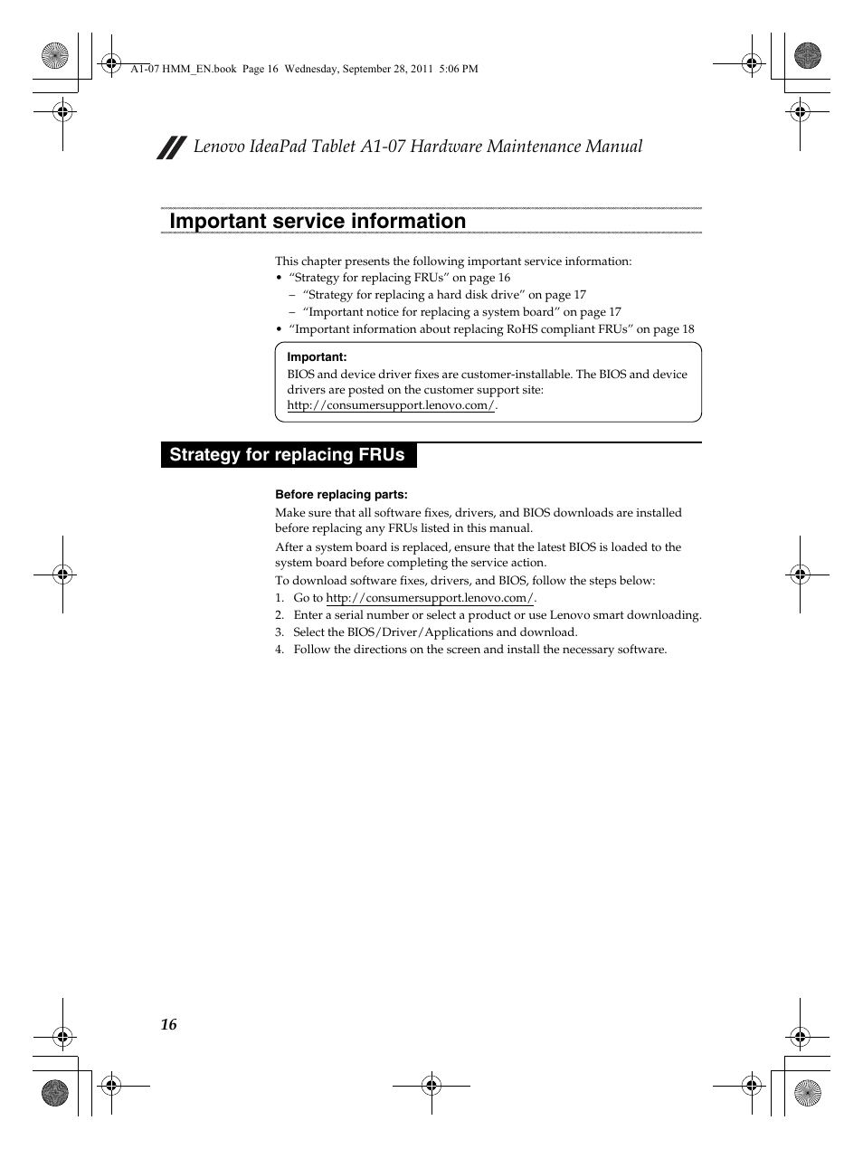 Important service information, Strategy for replacing frus | Lenovo A1-07 User Manual | Page 20 / 50